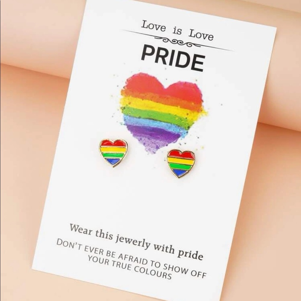 🎉 New Rainbow Pride Heart Love is Love Stud Earrings & Card
